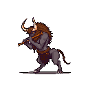 A pixel art minotaur or satyr-like creature with striking horns is captured in profile, focused on playing a bright orange-yellow flute. The image evokes a mystical and powerful vibe, highlighting the creature's serene musical moment against a stark black background.