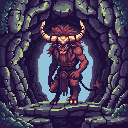 A fierce, reddish-brown minotaur with glowing blue eyes stands guard at the entrance of a mossy cave. The imposing creature, with its golden-tipped horns, evokes a sense of danger and fantasy.