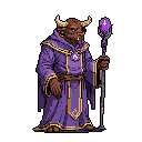 A powerful minotaur sorcerer stands ready, staff in hand, emanating mystique and magical authority in this striking pixel art portrait. The bovine-headed figure, adorned in regal robes, commands attention with its thoughtful expression and commanding presence.