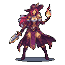 A powerful pixel art sorceress stands ready for battle, wielding a flaming torch in one hand and a dagger in the other. Her regal purple and gold attire, combined with her determined stance, hints at magical abilities and combat prowess against a black void.