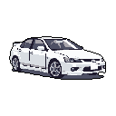 A sleek pixel art rendition captures a modern sports sedan, reminiscent of a late 2000s performance icon, in sharp detail. The car's aggressive lines and sporty stance are emphasized by a monochromatic palette and the isolating black background. It's a tribute to automotive design, rendered in a minimalist yet powerful style.