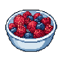 A pixel art bowl overflows with a colorful mix of plump strawberries, raspberries, and blueberries. The simple, wholesome image evokes a feeling of fresh, healthy food against a stark black background.