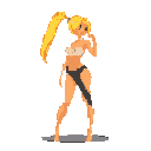 A confident, blonde bikini-clad character strikes a pose in this retro-style pixel art image. The warm color palette and simple design evoke a classic video game feel.