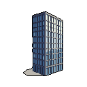 A solitary, pixelated skyscraper towers against the stark black background, its shadowed side contrasting with the bright, sunlit windows. The minimalist design and dramatic lighting evoke a sense of quiet urban grandeur.