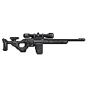 This detailed pixel art showcases a stylized sniper rifle, rendered in shades of gray and black. The image captures the technical details of the weapon, from the buttstock to the muzzle brake, in a surprisingly accurate and utilitarian design.