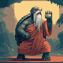 A wise, anthropomorphic turtle martial arts master, rendered in pixel art, stands ready for action in his saffron robe and sunglasses. With a clenched fist and a mysterious object in hand, this venerable character exudes strength and a hint of quirky personality.