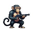 A pixelated chimpanzee, armed with a shotgun, crouches with a focused expression. The unexpected juxtaposition of ape and weapon creates a striking and slightly menacing image.