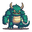 This pixel art depicts a fearsome, teal-skinned ogre-like creature with glowing yellow eyes and sharp teeth, ready for battle. The monster's aggressive pose and spiky features evoke a classic video game boss.