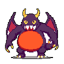 A vibrant pixel art monster with purple skin, an orange belly, and yellow horns strikes a menacing yet comical pose, its jagged teeth bared in a playful snarl. This brightly colored creature, complete with small wings and clawed hands, pops against a stark black background.