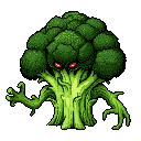 A menacing, sentient broccoli monster with glowing red eyes and clawed hands stands out against a stark black background. This eerie pixel art creation blends fantasy and horror, giving life to a monstrous vegetable.