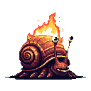 A surreal pixel art snail with a shell ablaze in stylized flames, sporting a mischievous grin and bulging eyes. The burning snail rests ominously on a dark puddle, creating a blend of cute and sinister elements.