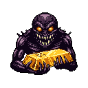 A menacing, muscular monster with glowing eyes and a toothy grin clutches a bar of gold in this stark pixel art piece. The creature's dark color palette and intense stare create an ominous and greedy vibe.