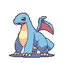 This pixel art depicts a cute, light blue dragon standing with a friendly expression. Its pastel colors and simple design create a charming and playful character.