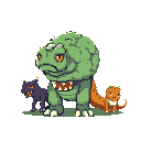 This pixel art showcases a formidable green dinosaur-like beast flanked by its smaller, loyal companions: a purple canine and an alert orange creature, all standing on a patch of grass. The trio's slightly monstrous features and earthy color palette create a fantastical and subtly ominous scene.