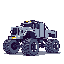 This pixel art image showcases a rugged monster truck in profile, rendered in a retro style with muted grays and blues. Oversized tires and a raised chassis emphasize its power and off-road capabilities.
