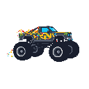 This pixel art showcases a dark gray monster truck with vibrant yellow, orange, and teal accents, angled dynamically for a fun, energetic feel. Its oversized tires and colorful decorations suggest a lively monster truck rally.