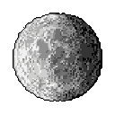 This pixel art image showcases a detailed, grayscale Moon, its cratered surface rendered in striking detail. The close-up view evokes a sense of cosmic solitude and retro-futuristic charm.