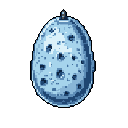 This pixel art image features a solitary, egg-shaped space rock rendered in cool blues and greys, its cratered surface hinting at a desolate, extraterrestrial origin. The dark stem on top adds to the mysterious nature of the object.