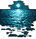 This pixel art captures a tranquil moonlit seascape, where the moon's shimmering reflection dominates the dark water. The scene evokes a peaceful, nostalgic mood through its simple yet effective use of blues and teals.