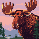 A majestic pixel art moose dominates the frame with its impressive antlers and stoic gaze. The close-up portrait captures the animal's powerful presence against a serene landscape of distant mountains and water.
