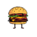 This pixel art image features a whimsical, upright hamburger character with stick legs against a black backdrop. The burger is rendered in warm, muted tones of brown, yellow, green, and red.