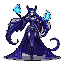 A powerful sorceress stands tall, emanating magical blue flames from her staff and hand against a stark background. Adorned in an elaborate blue and purple gown with dark horns, she embodies dark fantasy and elegant power.
