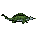 A pixelated prehistoric marine reptile, rendered in earthy greens and greys, dominates the frame against a stark black background. This powerful aquatic predator is depicted in profile, evoking a sense of scientific illustration or a classic bestiary entry.