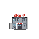 This pixel art image showcases a blocky, two-story motel with a bright red "MOTEL" sign, rendered in muted greys against a stark black background. The lonely building evokes the feeling of a roadside stop.