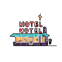 This pixel art depicts a lonely, slightly rundown motel glowing against the night, its vibrant "MOTEL" sign a beacon in the darkness. The building's teal and yellow awning and illuminated windows hint at a bygone era, evoking a nostalgic and melancholic atmosphere.