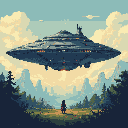 A lone figure confronts a massive, triangular UFO hovering silently over a forested landscape. The pixel art's muted colors and retro style evoke a sense of quiet mystery and anticipation.