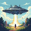 A lone, cloaked figure stands mesmerized as a classic UFO descends, bathing them in a bright beam of light. The pixel art captures a moment of wonder and trepidation amidst a serene, forested landscape.