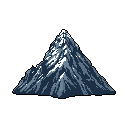 This pixel art piece captures the stark beauty of a solitary, snow-capped mountain peak rendered in cool blue-grey tones. Set against a black backdrop, the jagged form evokes a sense of quiet majesty and timeless, rugged grandeur.