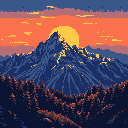 A majestic pixel art mountain range is silhouetted against a vibrant sunrise/sunset sky, evoking a sense of peaceful grandeur.