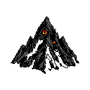 A dark, jagged mountain with glowing orange and red "eyes" dominates this pixel art piece, evoking a sense of ominous, watchful stillness. The minimalist style and stark contrast create a mysterious and unsettling vibe.