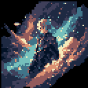 A lone figure with light hair stands amidst a swirling, cosmic backdrop in this pixel art image. The dark clothing and dynamic environment create a mysterious and slightly melancholic mood, hinting at a journey or moment of contemplation.
