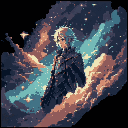 This pixel art portrait captures a contemplative figure in layered clothing, gazing downward with flowing hair. They're set against a dynamic cosmic backdrop of swirling nebulae and stars, evoking a sense of wonder and solitude.