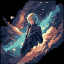 A lone, androgynous figure stands in quiet contemplation amidst a vibrant, swirling nebula. The pixel art evokes a sense of cosmic beauty and introspection against a backdrop of celestial grandeur.