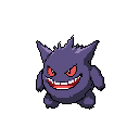 This pixel art image showcases Gengar, the mischievous Pokémon, grinning menacingly with its signature purple body and sharp teeth. The nostalgic style and stark contrast create a sinister yet captivating depiction.