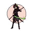 A confident, kemonomimi warrior stands poised with a sheathed katana, its hilt emanating a mysterious green glow. The pixel art figure, framed by a pale pink halo, exudes a cool and powerful presence.