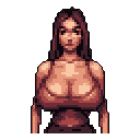 This pixel art portrait captures a woman with a neutral expression against a stark black background. Her muted color palette and direct gaze evoke a sense of quiet contemplation and subdued intensity.