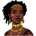 This pixel art portrait captures a woman with dark skin and hair, adorned with striking yellow jewelry. Her elegant expression and vibrant accessories create a sense of dignity and cultural richness against the stark background.