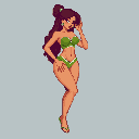 This pixel art features a confident pin-up girl in a lime green swimsuit, striking a playful pose with a subtle smirk. Her warm skin tone and reddish-brown hair pop against the neutral backdrop, evoking a vibrant summer vibe.
