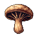 A solitary, earthy-toned mushroom is rendered in detailed pixel art, its form highlighted against a stark black void. The low angle and careful shading create a sense of depth and a touch of mystery.
