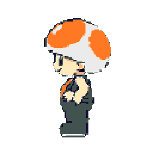 This pixel art showcases Toad from Super Mario, rendered in a nostalgic, 8-bit style. He stands with a cheerful expression, sporting his iconic mushroom cap and vest.
