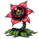 A menacing pixel art carnivorous plant dominates the scene with its open, toothy maw and watchful eyes. Rich reds and deep greens give the static, rooted creature a dangerous, fantasy-inspired vibe.