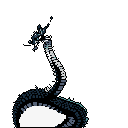 A formidable dragon coils in the darkness, its head raised in a snarl or roar. Rendered in stark pixel art, the creature's dark blues and grays are highlighted with cyan and white, creating a powerful and ominous presence.