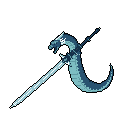 This pixel art showcases a stylized, serpentine scythe with a menacing serpent head forming the blade. Rendered in cool blues and whites, the weapon exudes a fantasy vibe with a hint of danger.