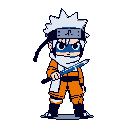 This pixel art depicts a chibi Naruto Uzumaki in a ready stance, kunai in hand, radiating determination. The simplified style and vibrant colors capture the iconic ninja's energetic spirit with a touch of retro charm.
