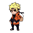 This pixel art depicts a chibi Naruto-like character enjoying a handheld game. The iconic ninja is rendered in a cute, nostalgic style, sporting his signature orange and yellow attire.