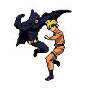 Pixel art captures a dynamic showdown as Batman lunges with a flying kick towards a defensively postured Naruto, suspended in a stark black void. The iconic heroes clash in a bold, energetic scene, highlighting their contrasting colors and fighting styles.